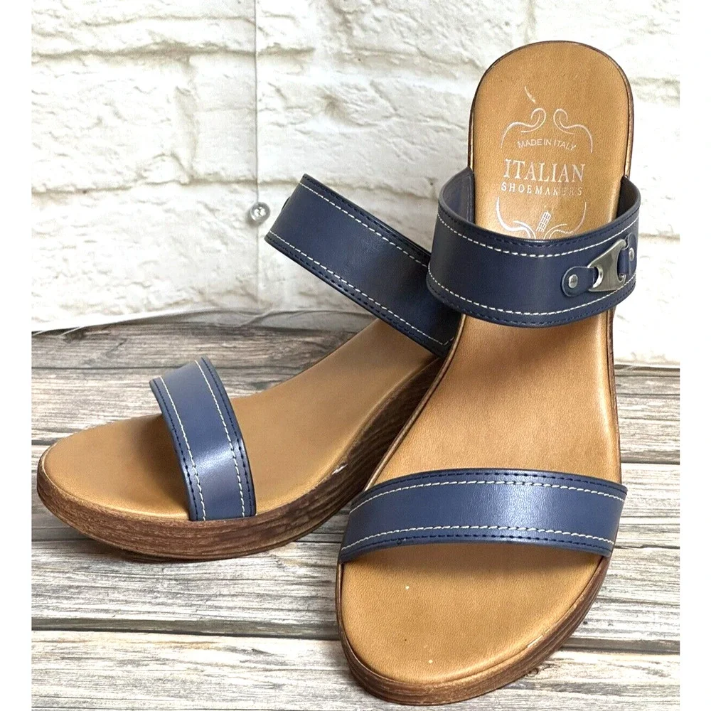 Italian Shoemaker Sandals Wedge‎ Navy Blue Leather Straps Fits 10 M